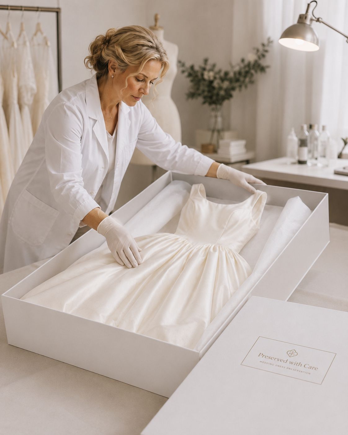 Specialist boxing a wedding gown for preservation