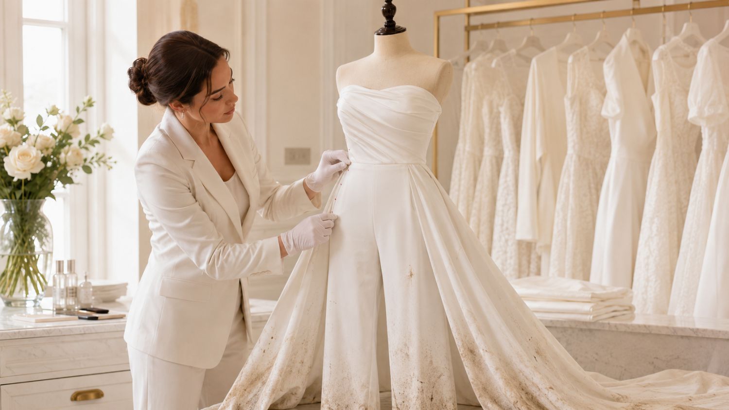 Specialist inspecting a stained wedding gown