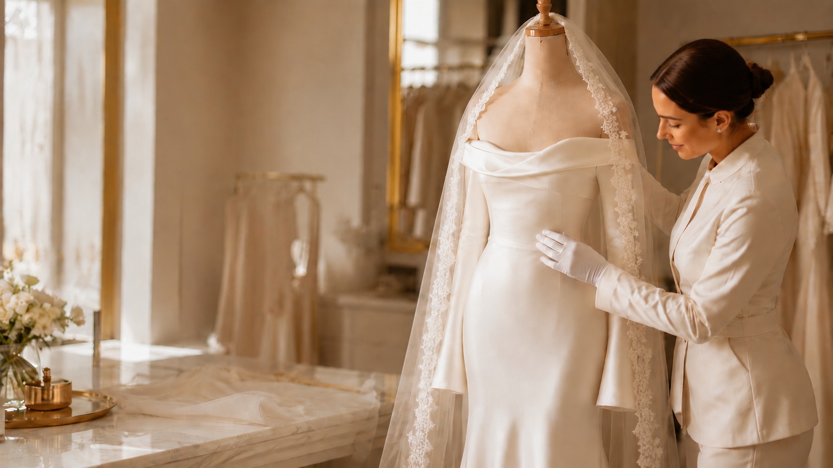 Bridal specialist steaming a wedding gown